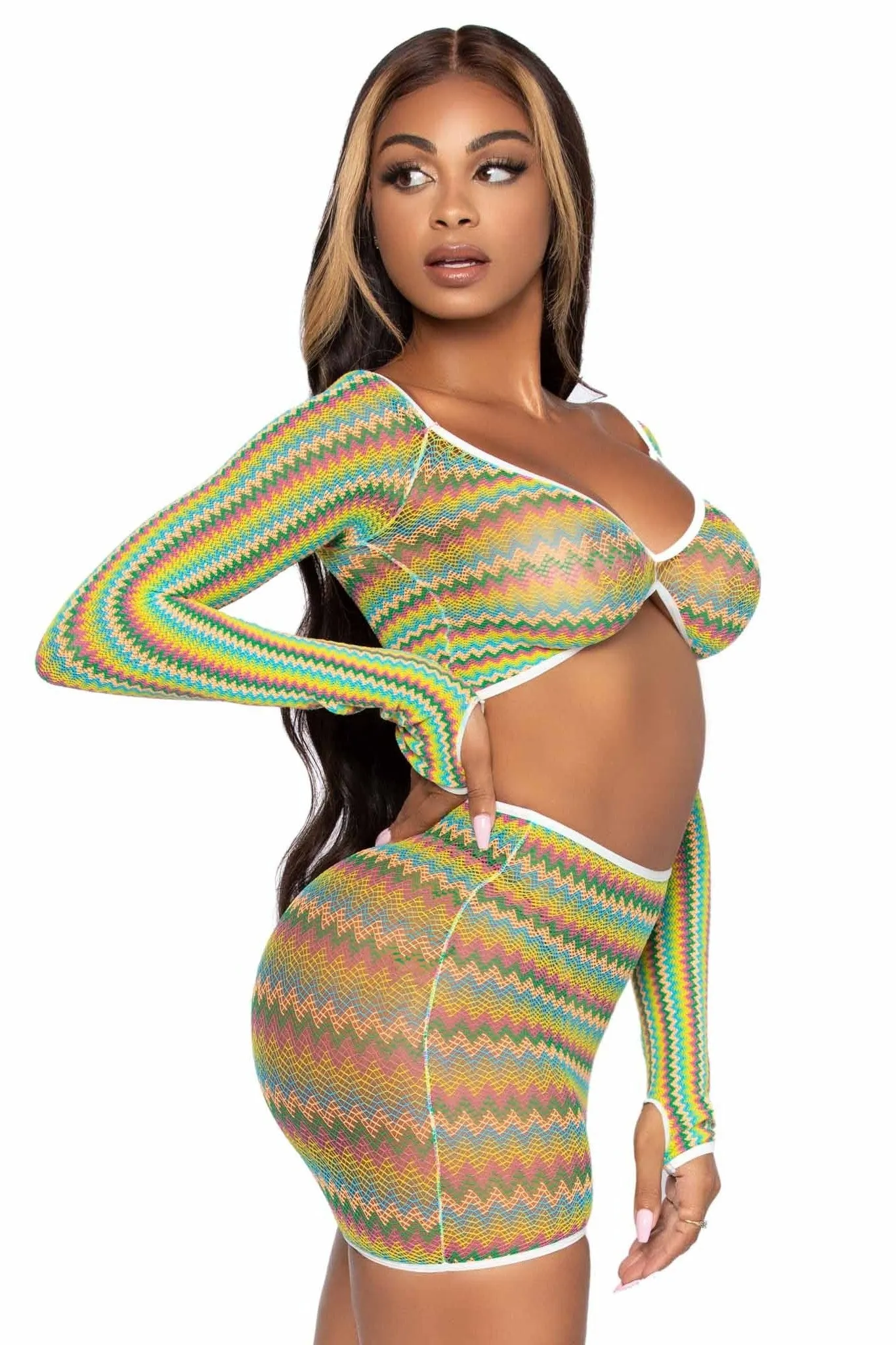 2 Piece Zigzag Net Gauntlet Sleeve Crop Top & Mini Skirt Set