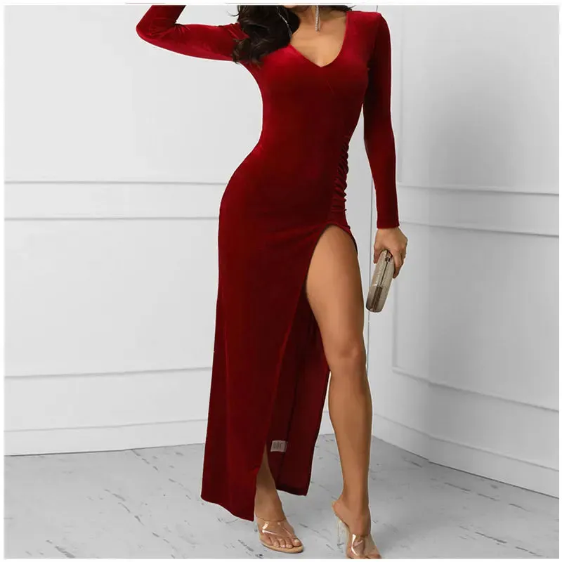 2024 Spring Burgundy Velvet Casual Bodycon Vintage Maxi Dress