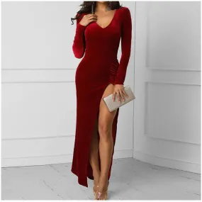 2024 Spring Burgundy Velvet Casual Bodycon Vintage Maxi Dress