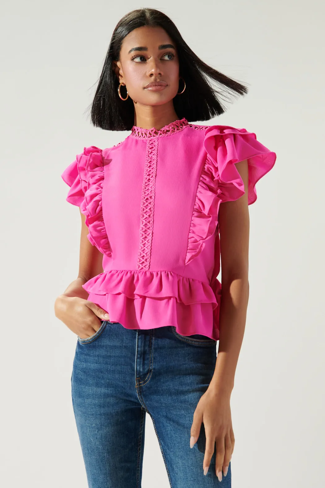 Aubrie Mock Neck Ruffle Peplum Blouse