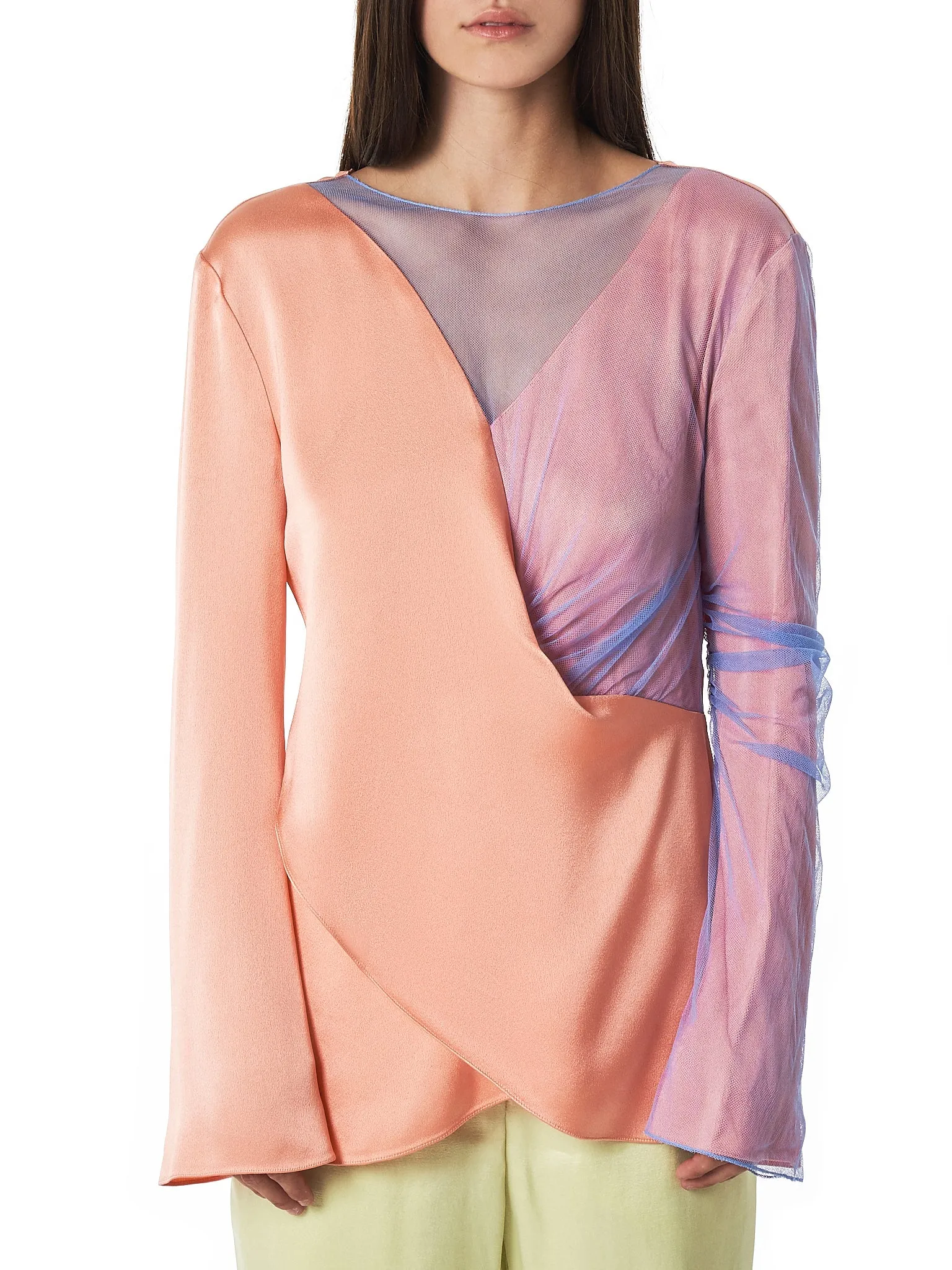 'Bari' V-neck Tulle Layered Top (9BS3032-LT-PEACH)