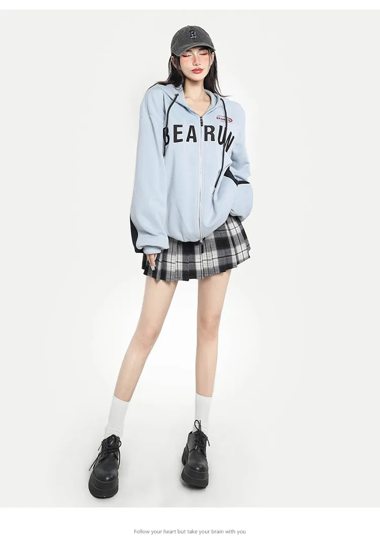 BEARUN Letter Embroidery Solid Color Baby Blue Patchwork Zip Up Long Sleeve Hoodie