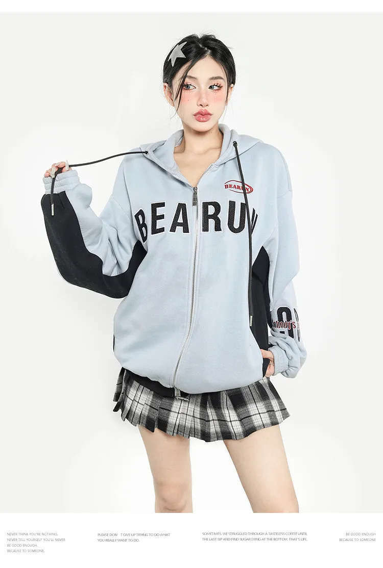 BEARUN Letter Embroidery Solid Color Baby Blue Patchwork Zip Up Long Sleeve Hoodie