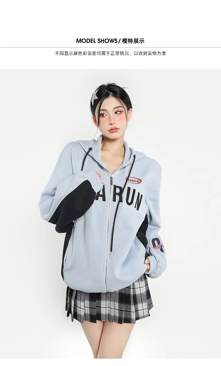 BEARUN Letter Embroidery Solid Color Baby Blue Patchwork Zip Up Long Sleeve Hoodie