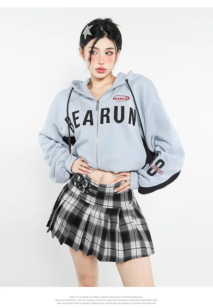 BEARUN Letter Embroidery Solid Color Baby Blue Patchwork Zip Up Long Sleeve Hoodie