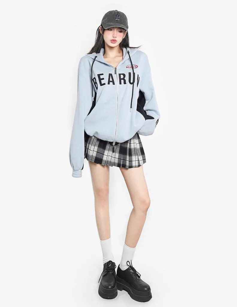 BEARUN Letter Embroidery Solid Color Baby Blue Patchwork Zip Up Long Sleeve Hoodie