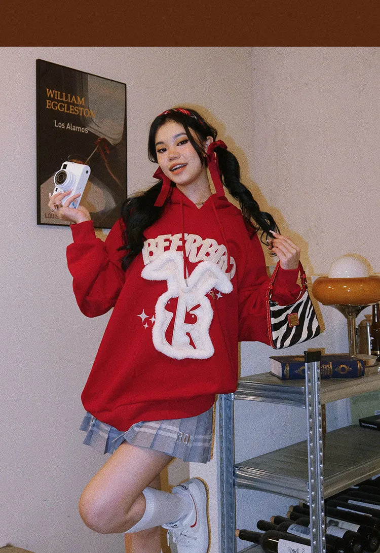 BEERBRO BUNNY Embroidery Long Sleeve Solid Color Hoodie