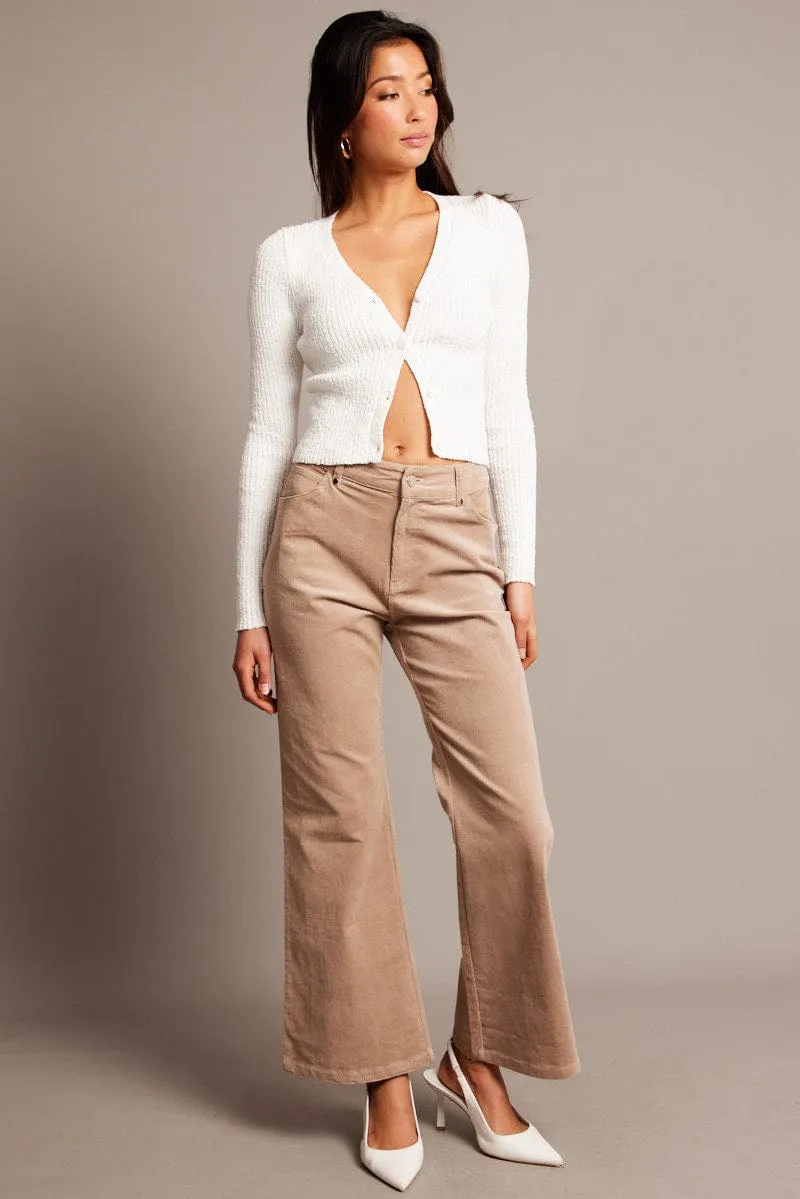 Beige Wide Leg Pants High Rise Corduroy