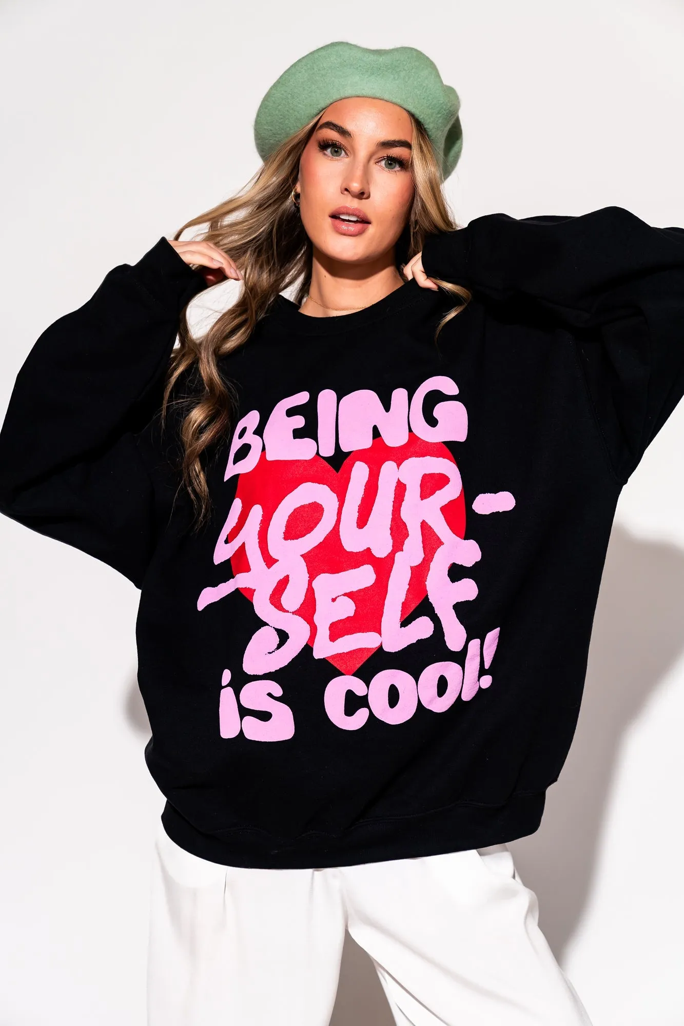 Being Yourself is Cool Puff Print Pullover in Black