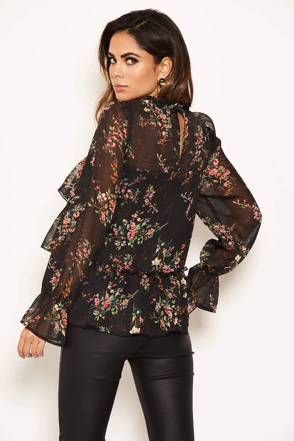 Black Floral Sheer Frill Long Sleeve Top