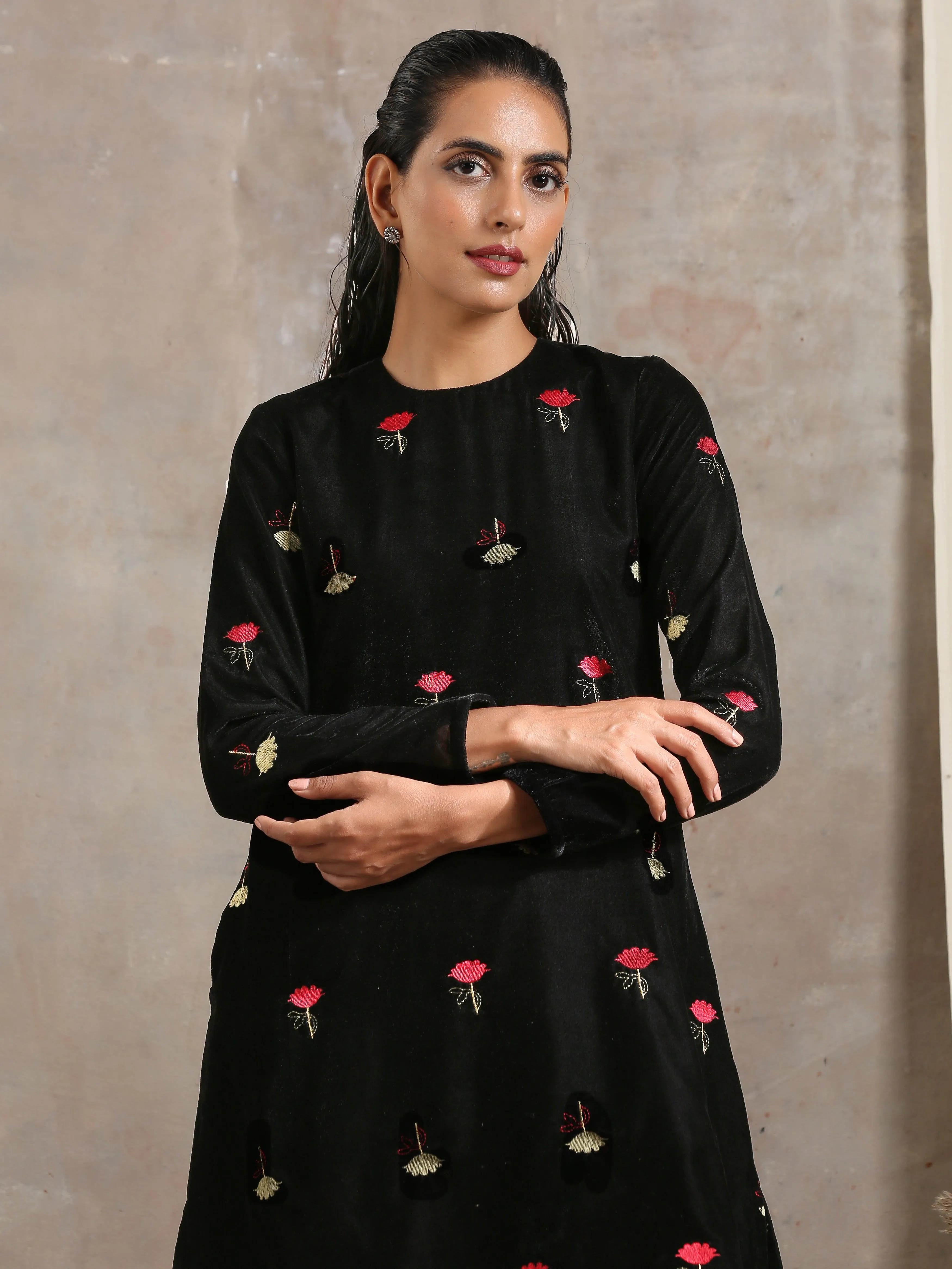 Black Velvet Embroidered Kurta Sharara Set