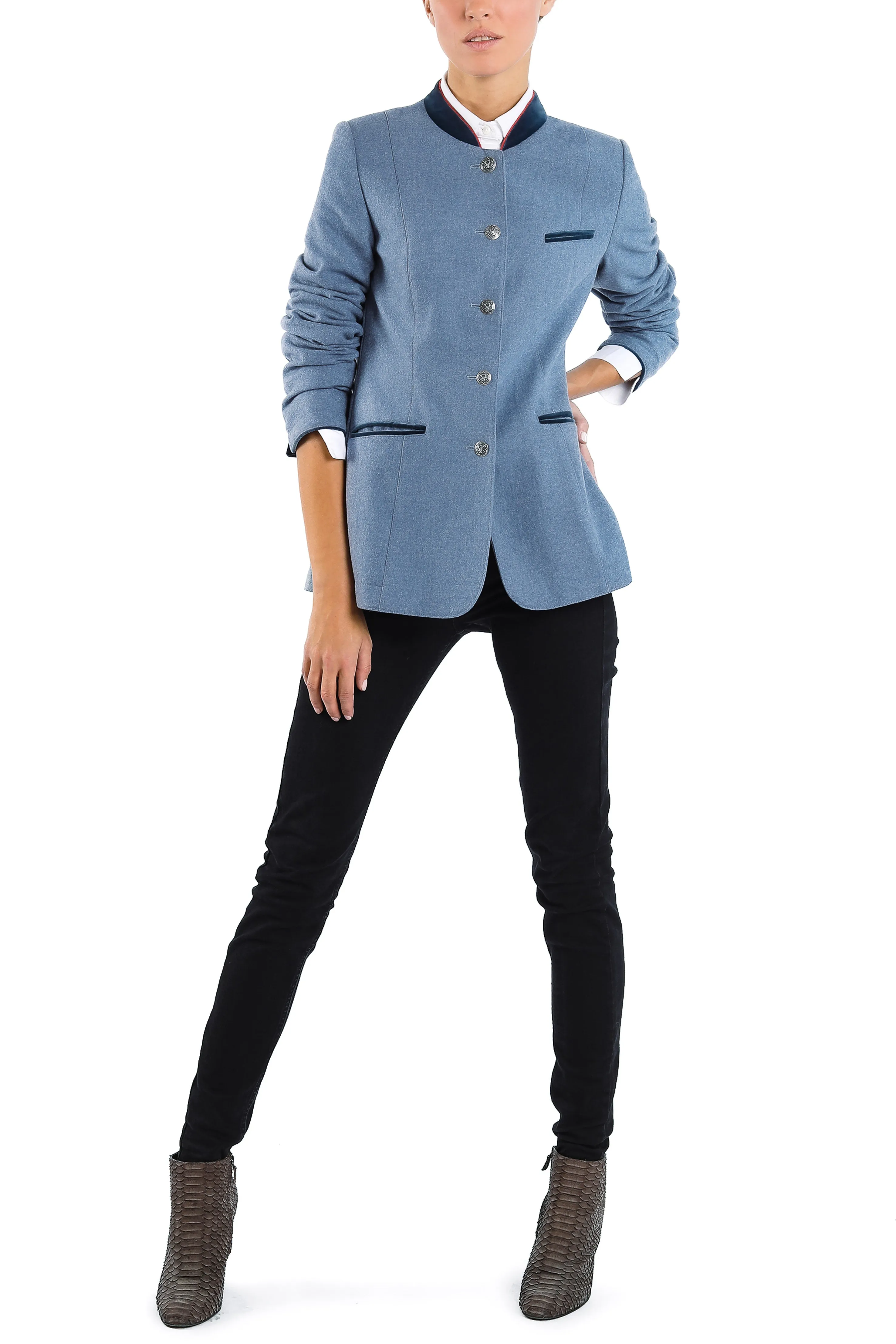 Blazer with open back pleat in light blue loden