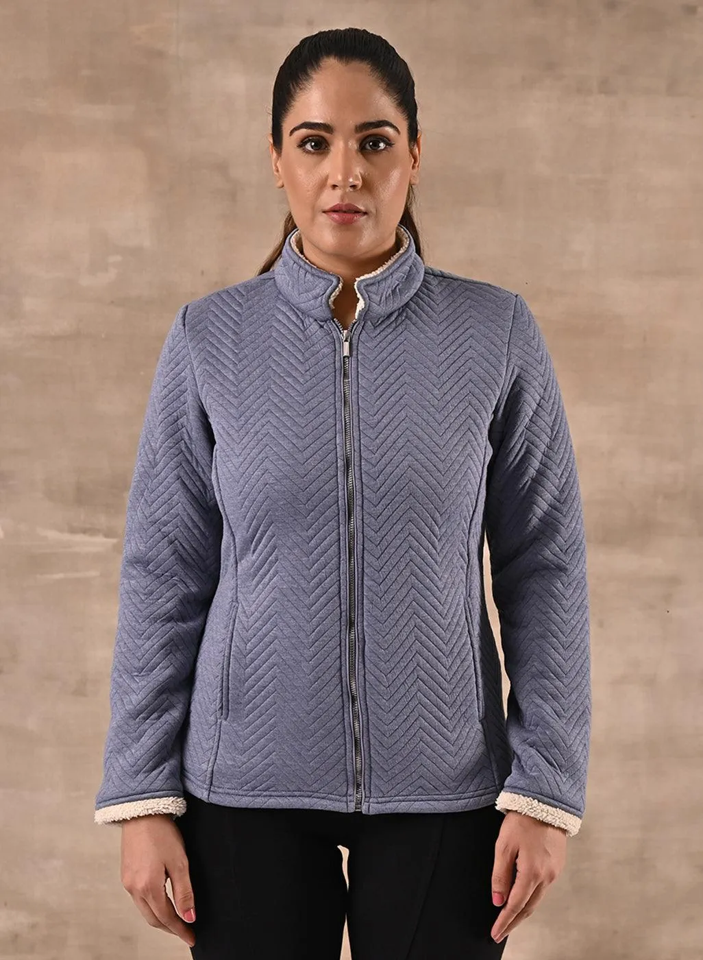 Blue Quilted Zipper Jacket with Slip Pockets