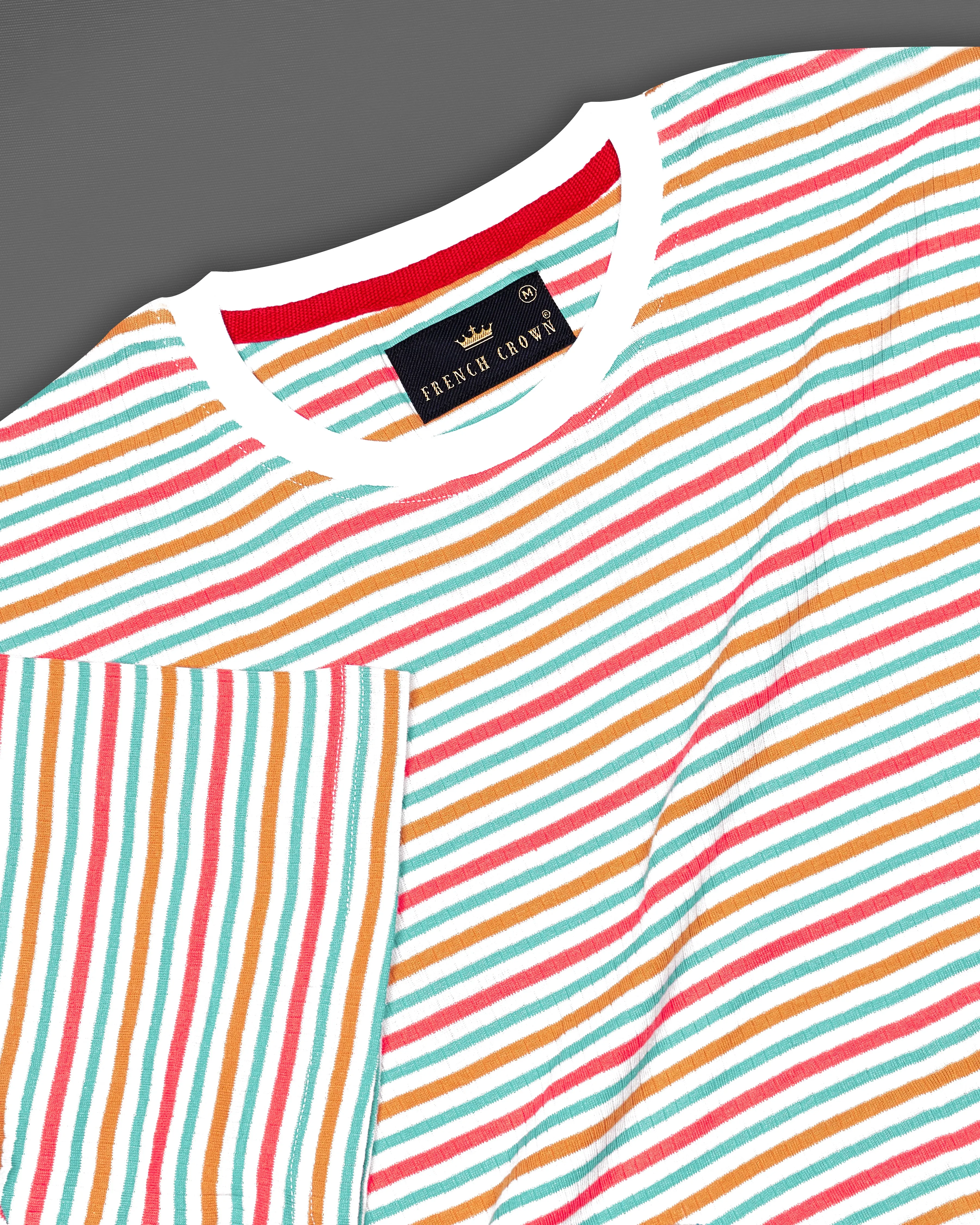 Bright White and Apricot Pink Multicolour Striped with Dolphin patchworked Premium Cotton T-shirt