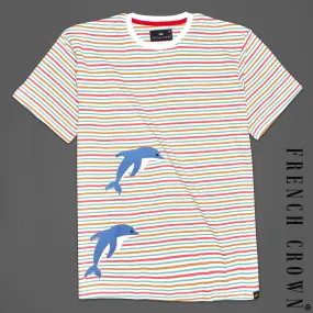 Bright White and Apricot Pink Multicolour Striped with Dolphin patchworked Premium Cotton T-shirt