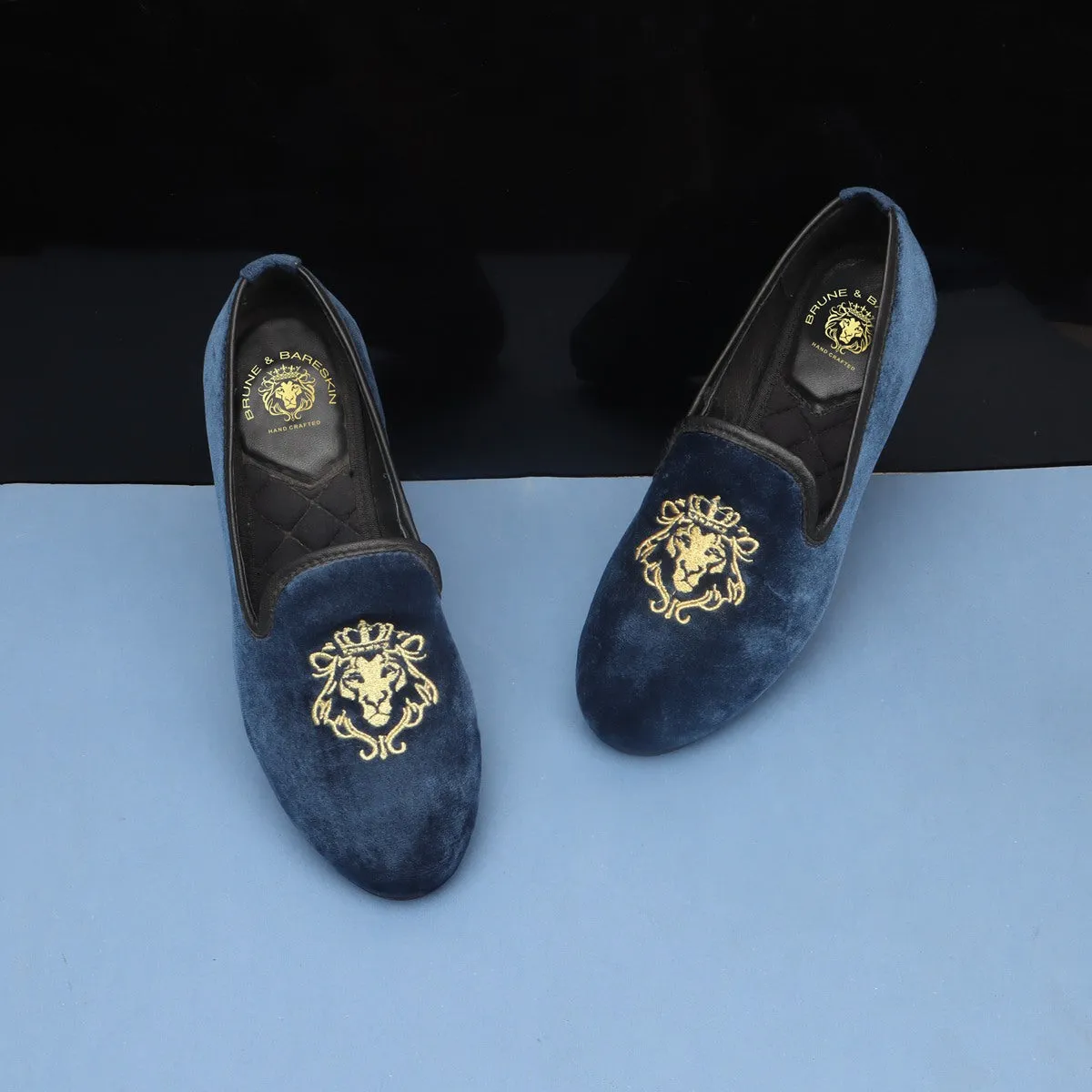 Brune & Bareskin Blue Velvet Slip-Ons With Golden Embroidery For Women