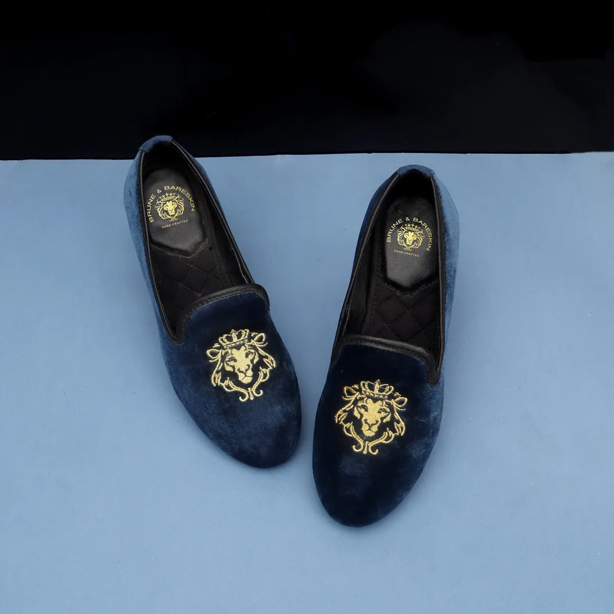 Brune & Bareskin Blue Velvet Slip-Ons With Golden Embroidery For Women