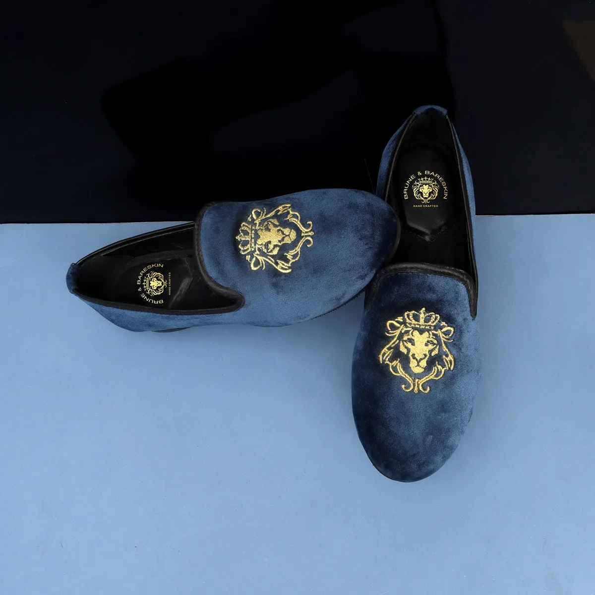 Brune & Bareskin Blue Velvet Slip-Ons With Golden Embroidery For Women