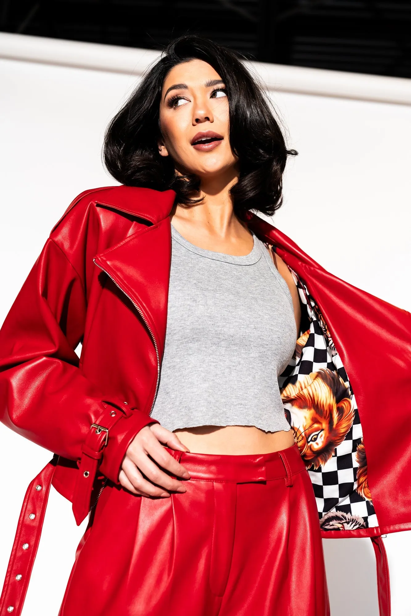 Buttery Soft Vegan Leather Moto Jacket in Cherry Red