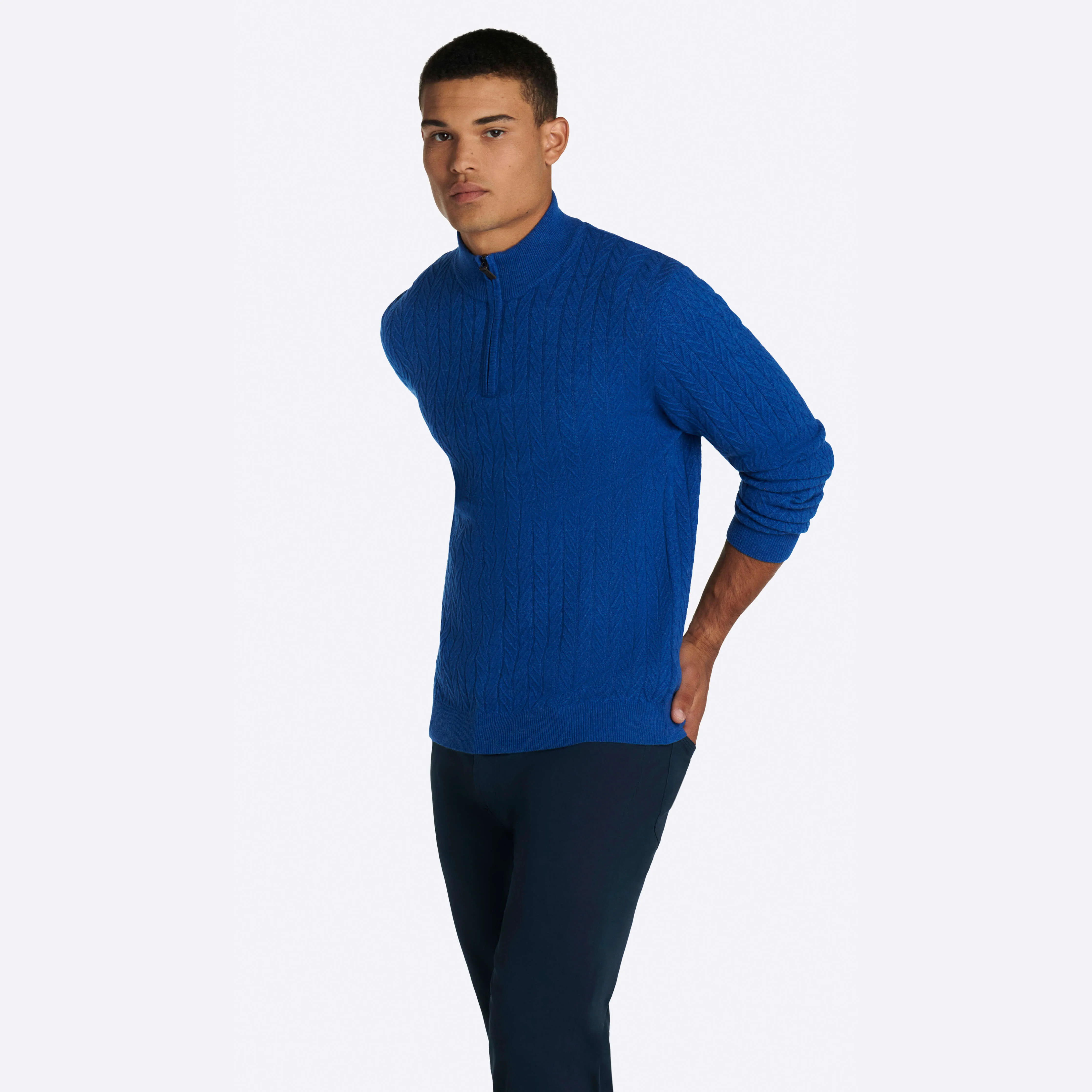 Cable Knit Quarter Zip Mock Neck Sweater