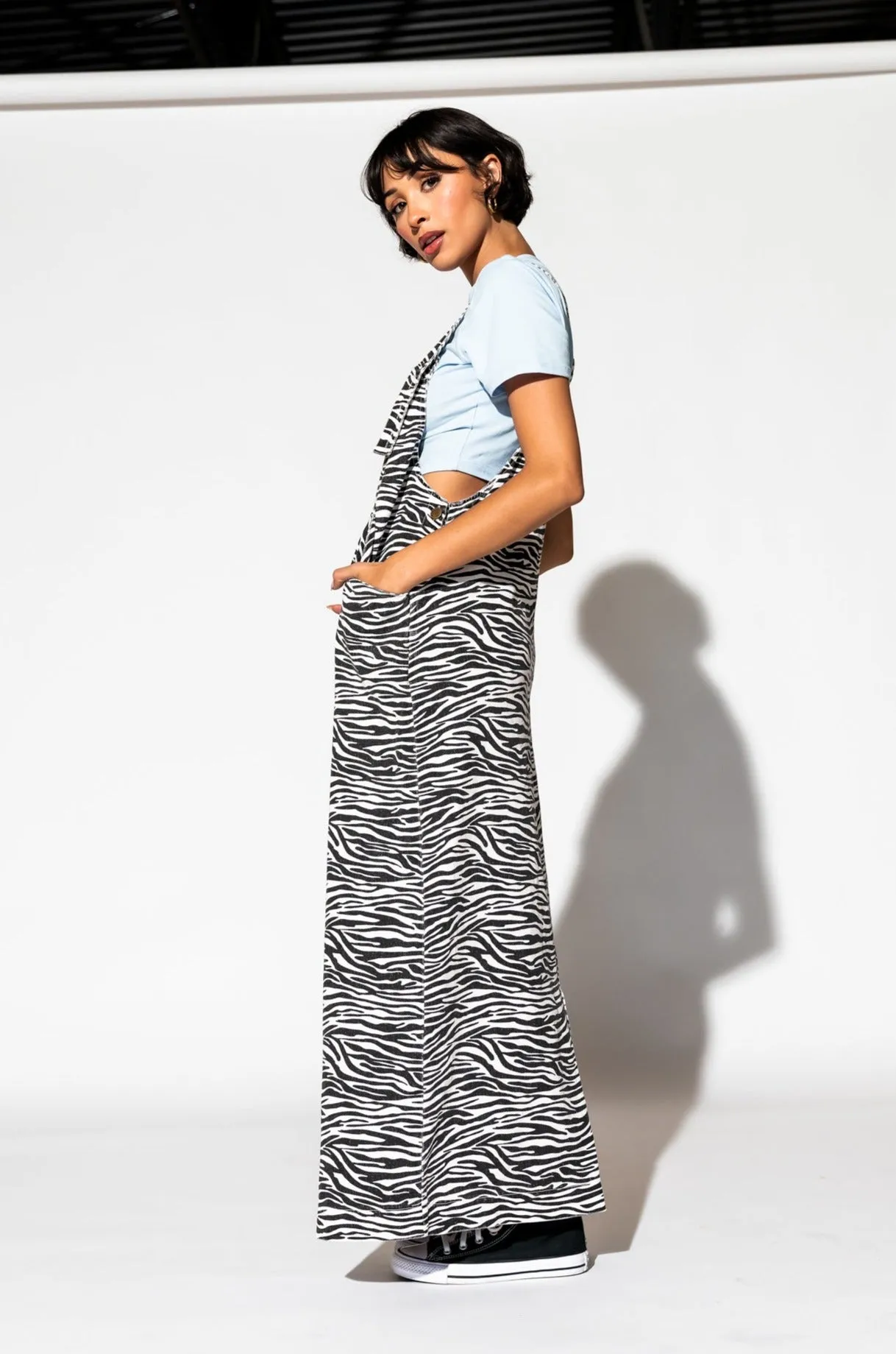 Can't Tame Me Denim Overall Dress in Zebra Stripes