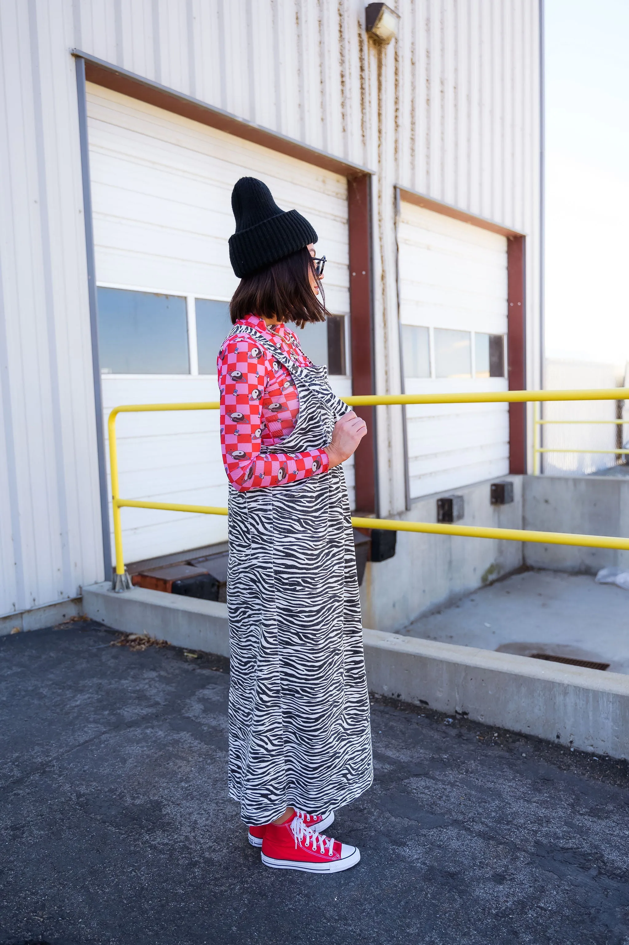 Can't Tame Me Denim Overall Dress in Zebra Stripes