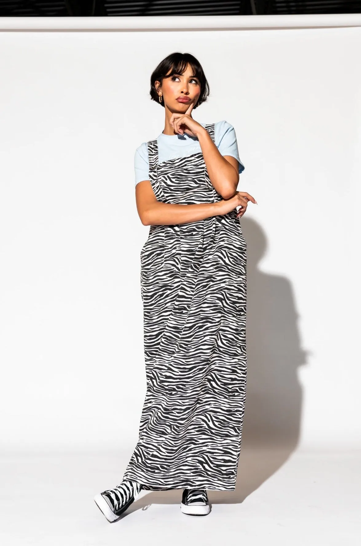 Can't Tame Me Denim Overall Dress in Zebra Stripes