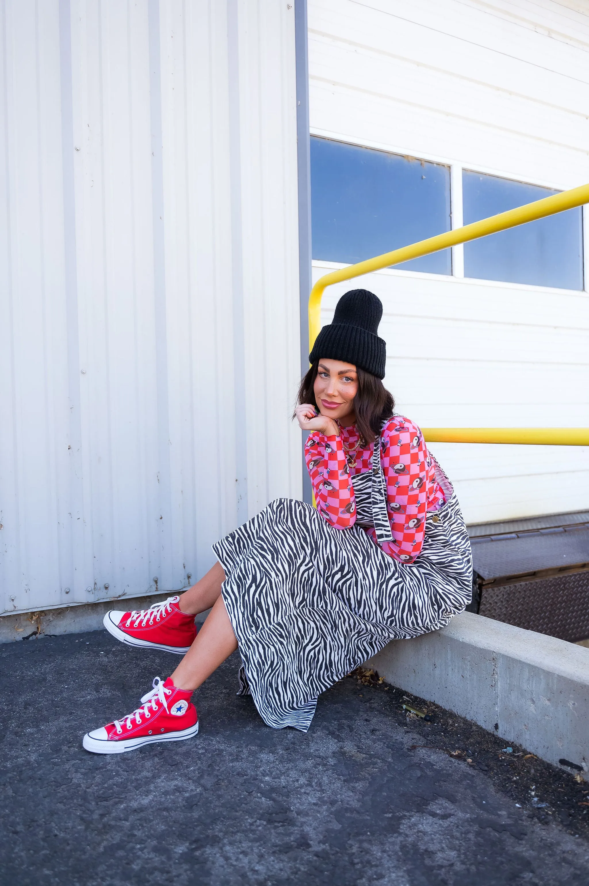 Can't Tame Me Denim Overall Dress in Zebra Stripes