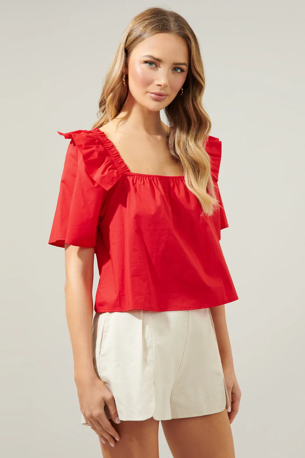 Careen Poplin Square Neck Ruffle Top