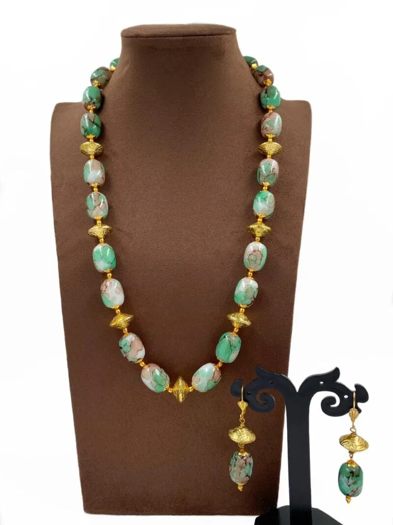 Contemporary Semi Precious Green Turquoise Stone Beads Necklace By Gehna Shop