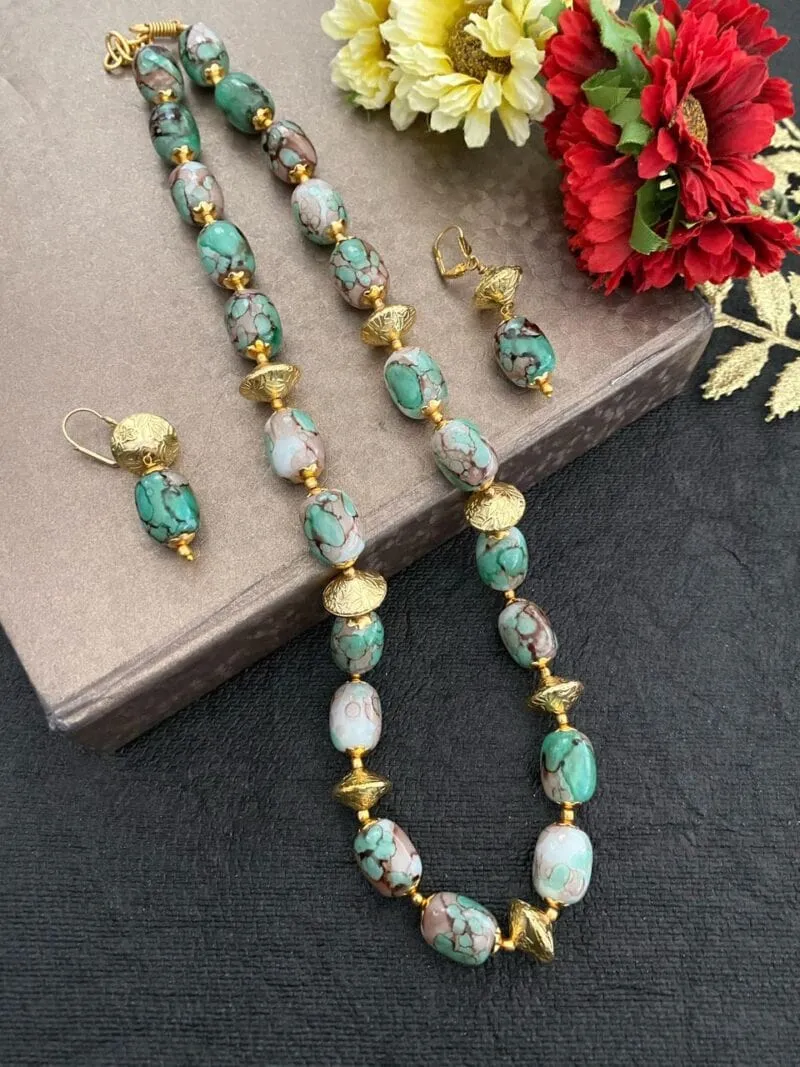 Contemporary Semi Precious Green Turquoise Stone Beads Necklace By Gehna Shop