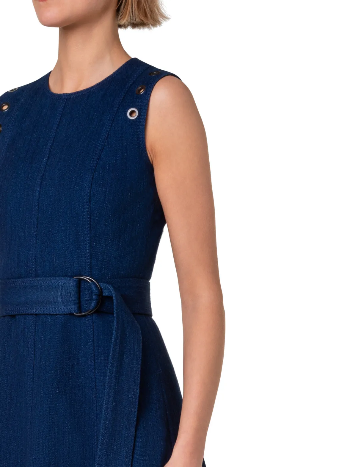 Cotton Denim Stretch A-Line Dress with Eyelet Details