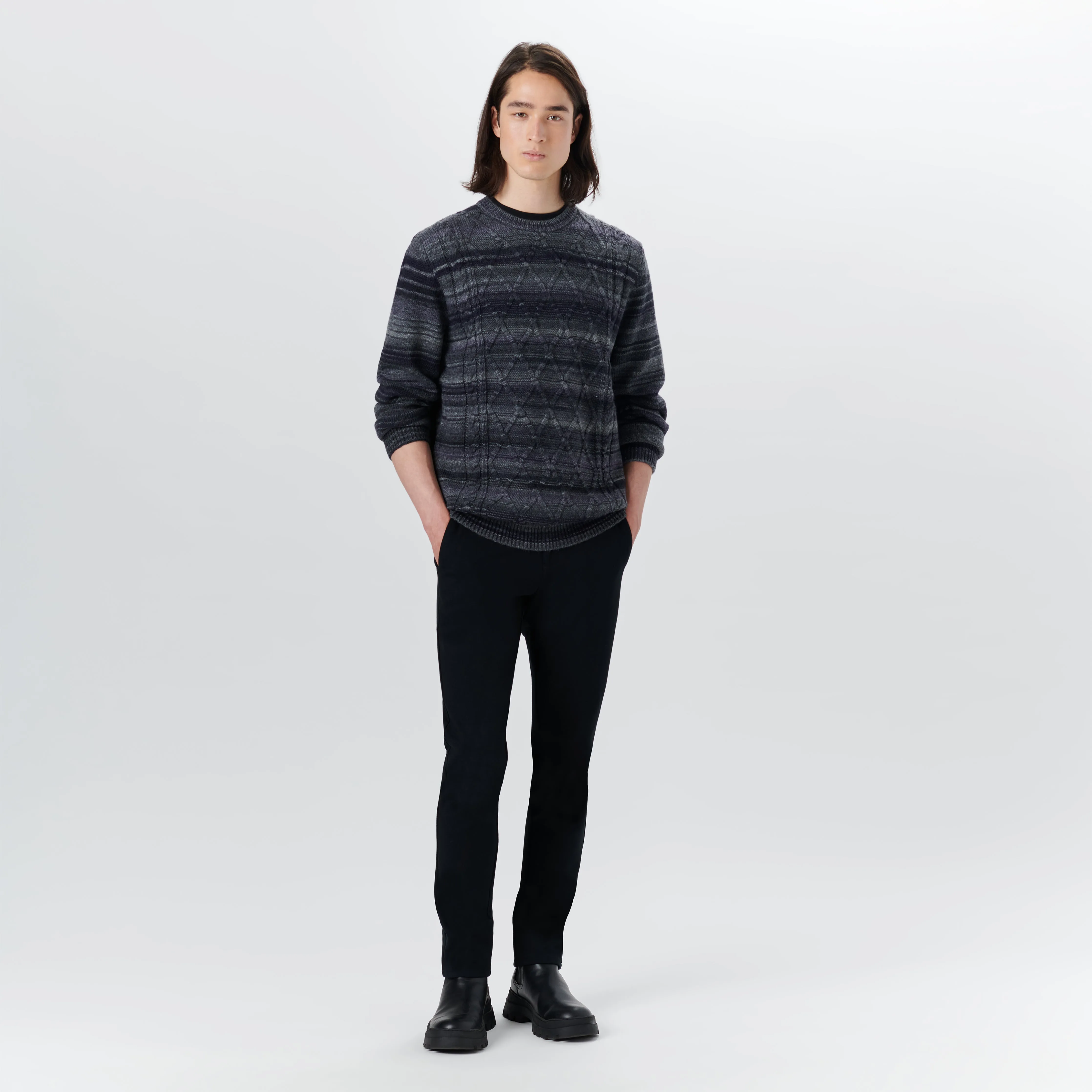 Crew Neck Striped Jacquard Sweater