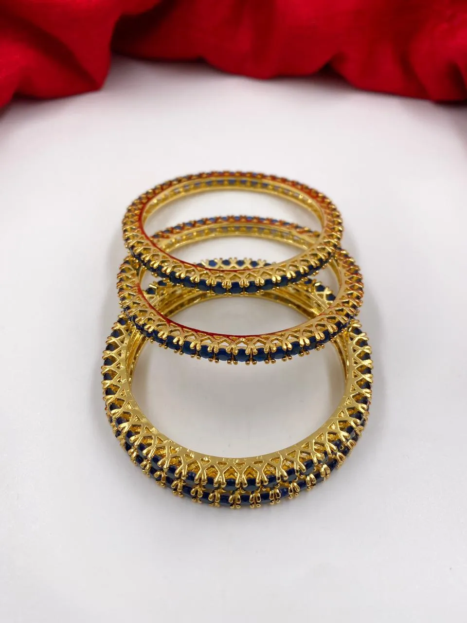 CZ Single Line Blue Stone American Diamond Bangles By Gehna Shop (Set Of 4)