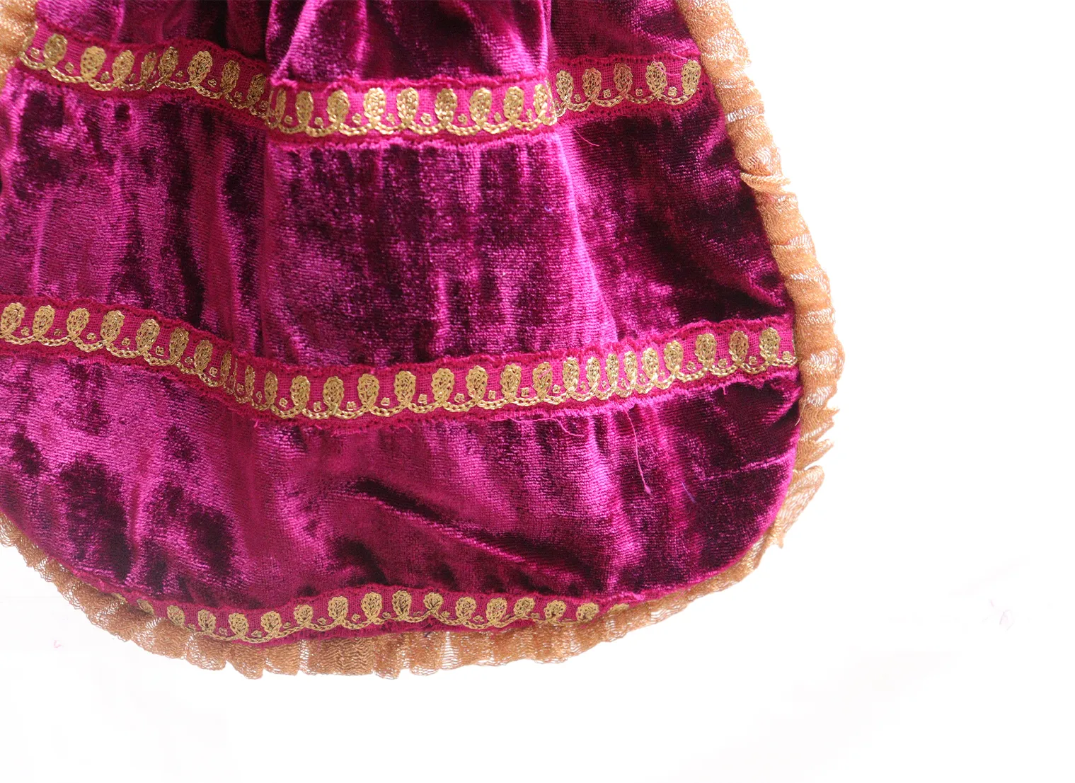 Dark pink velvet potli with gold jari embroidery