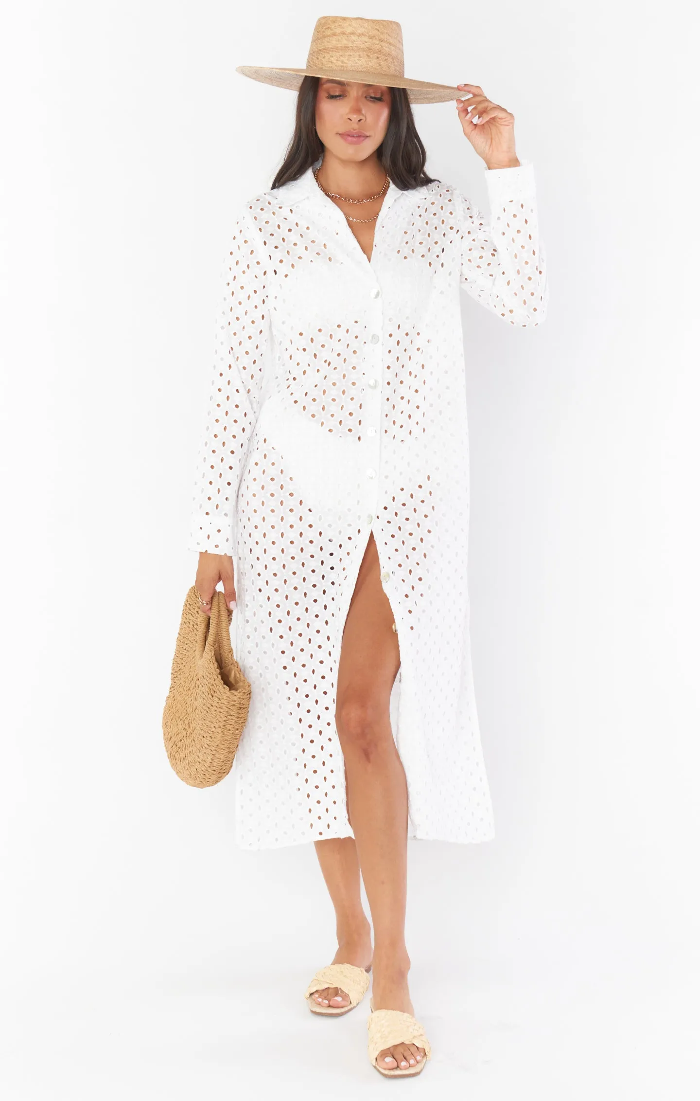 Dayton Button Down Midi Dress ~ White Eyelet