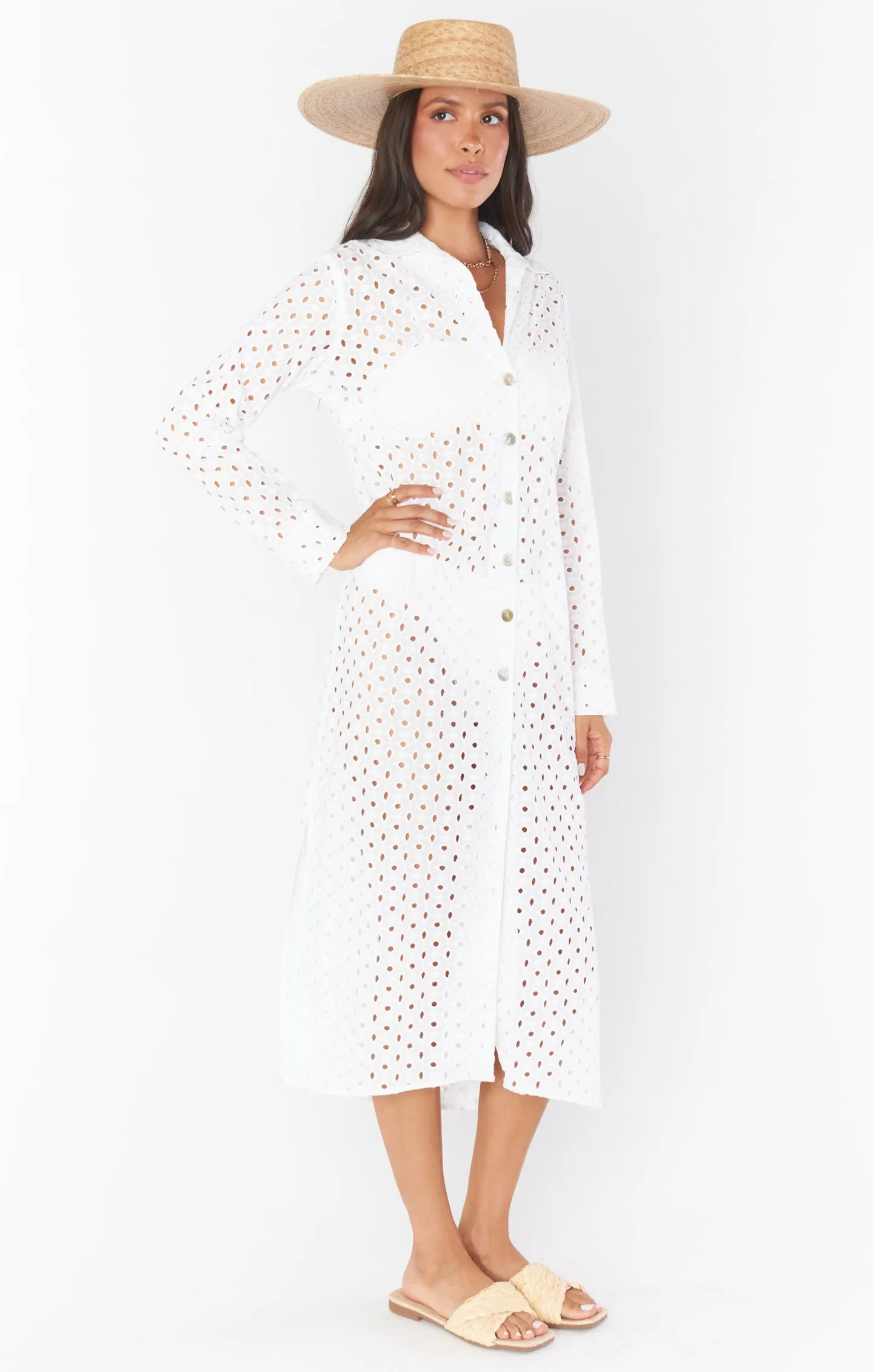 Dayton Button Down Midi Dress ~ White Eyelet