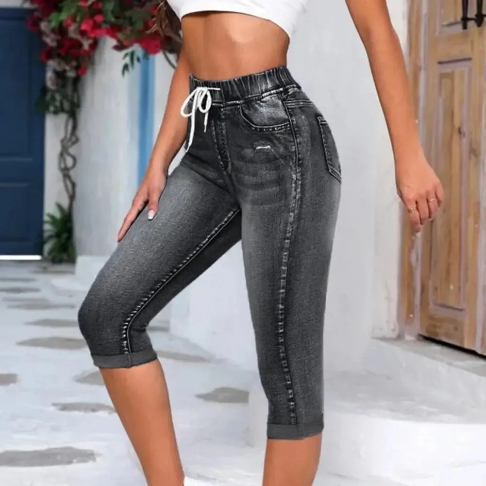 Denim Jeggings Women's 3/4 Short Jeans Pants Leggings Summer 2021 Breeches Harajuku High Waist Korean Vintage Mom Pants