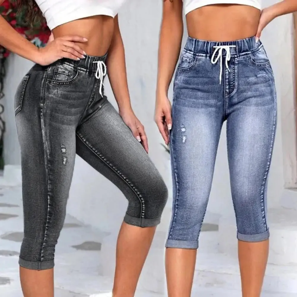 Denim Jeggings Women's 3/4 Short Jeans Pants Leggings Summer 2021 Breeches Harajuku High Waist Korean Vintage Mom Pants