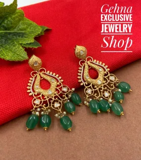 Designer Antique Gold Toned Kundan Party Dangler Earrings