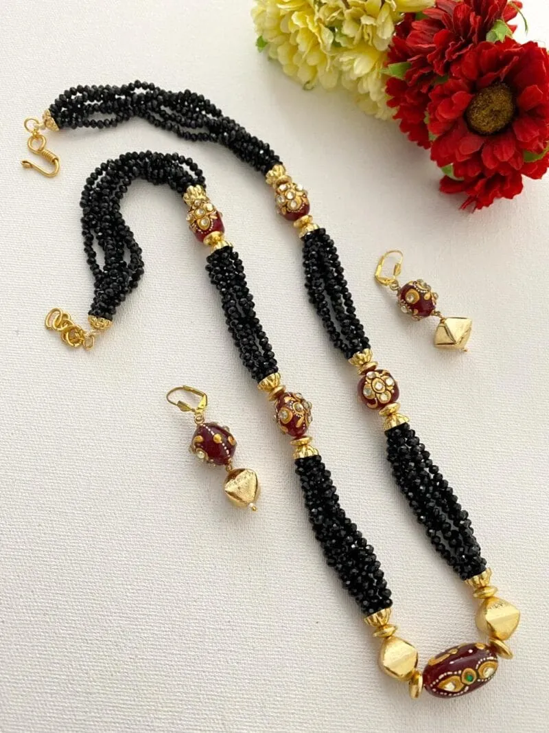 Designer Handcrafted Long Black Crystal Beaded Necklace Set By Gehna Shop