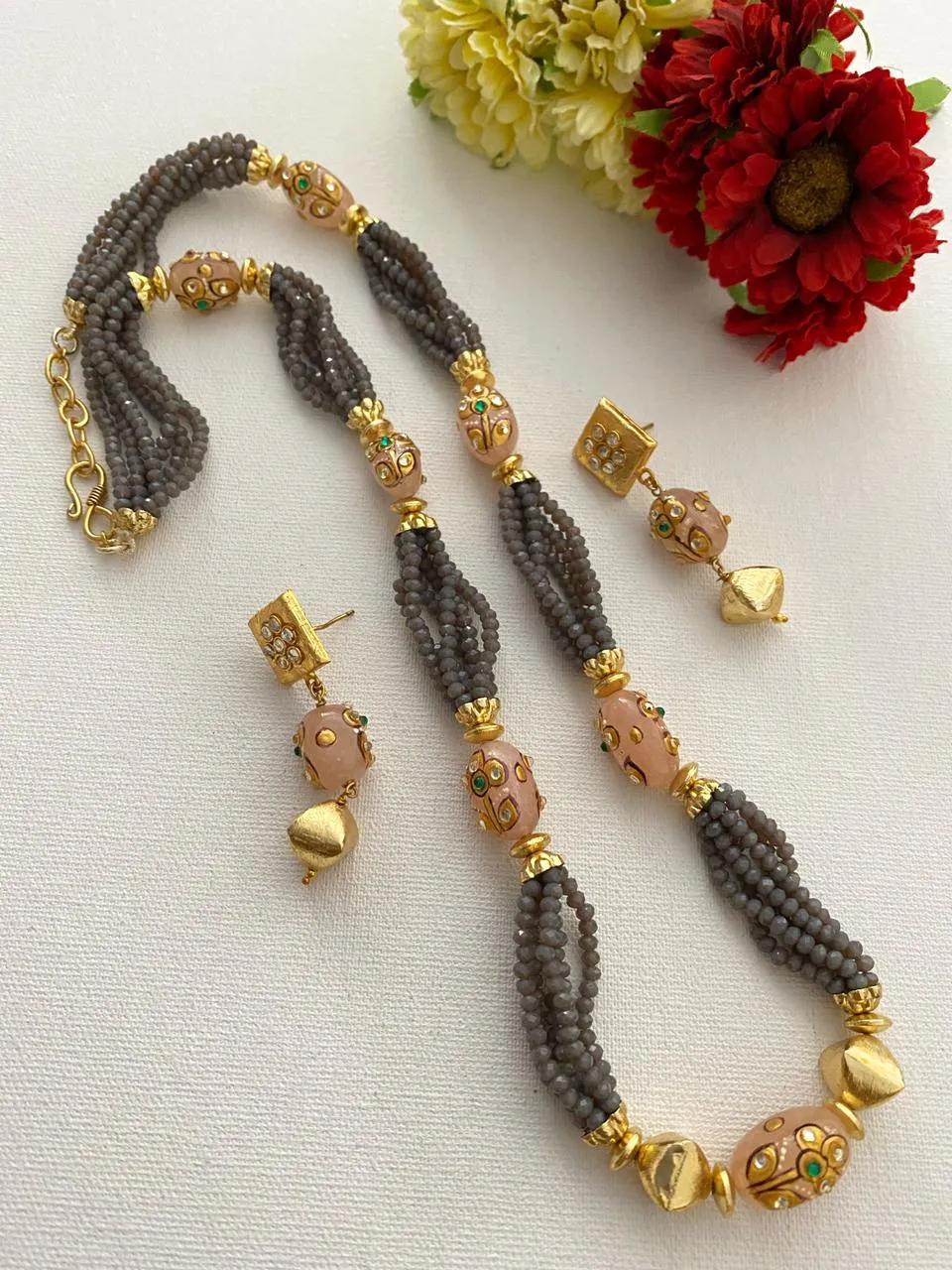 Designer Handcrafted Long Grey Crystal Beaded Necklace Set By Gehna Shop