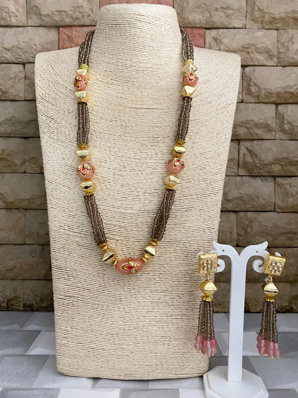 Designer Handcrafted Long Smoky Crystal Beaded Necklace Set By Gehna Shop