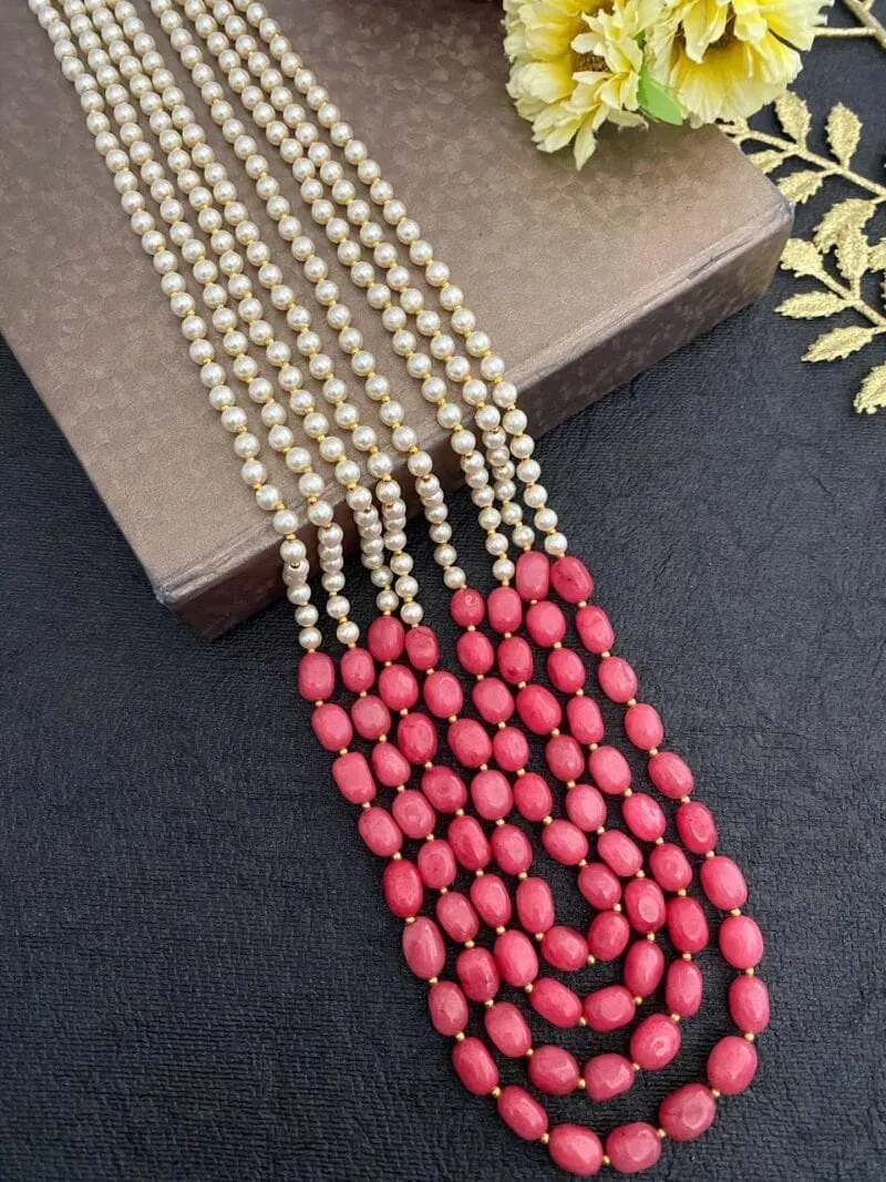 Designer Multi Layered Beaded Pearls And Peach Necklace Mala For Grooms By Gehna Shop