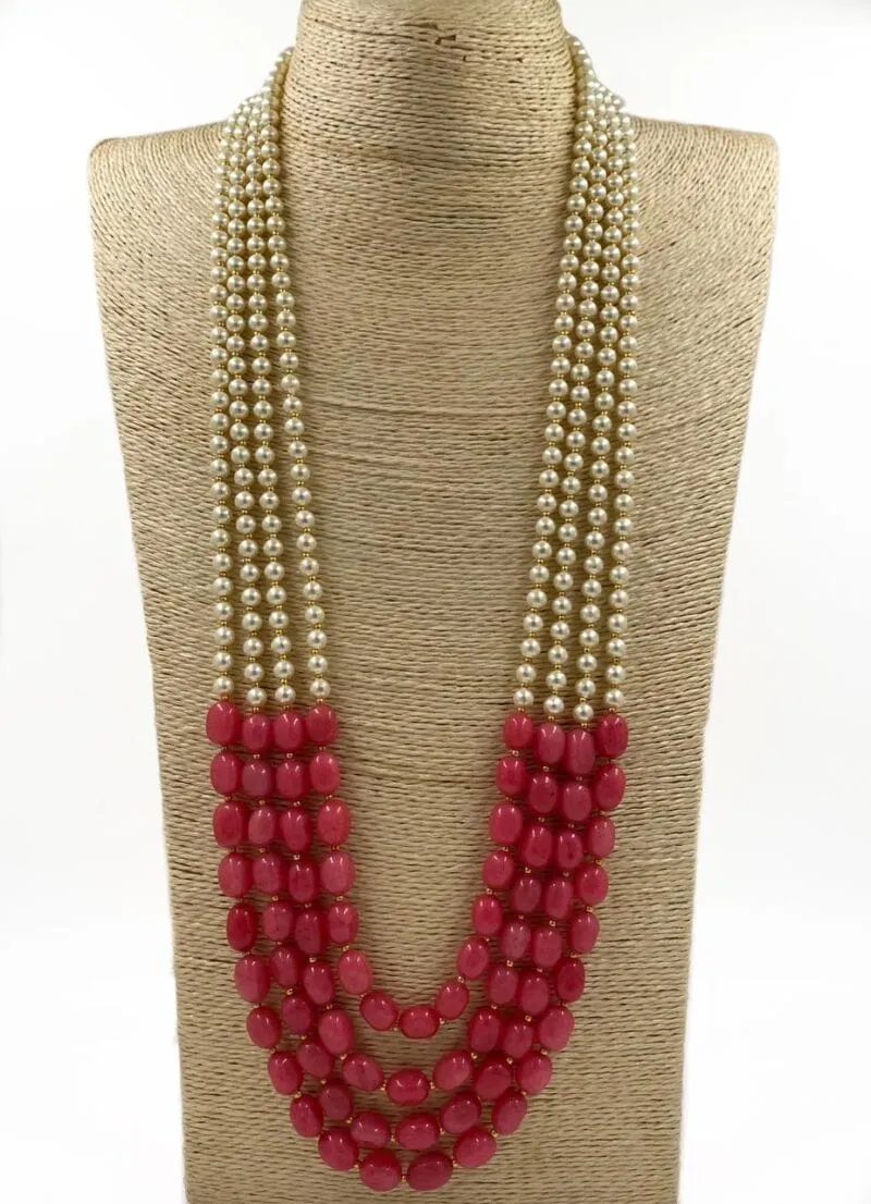 Designer Multi Layered Beaded Pearls And Peach Necklace Mala For Grooms By Gehna Shop