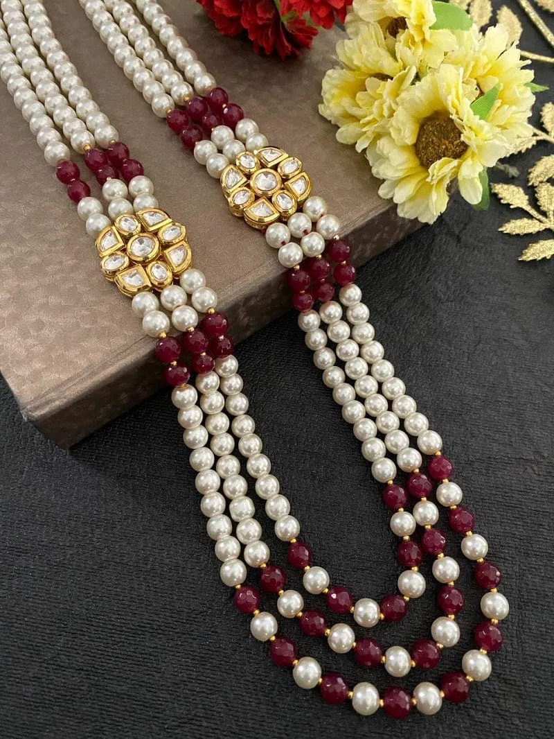 Designer Multi Layered Long Beaded Pearls Kundan Mala For Men And Women