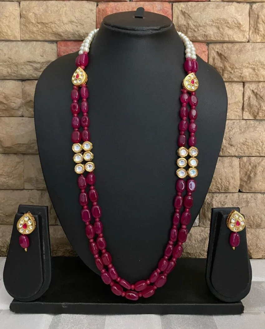 Designer Ruby Pink Jade Beads Necklace With kundan For Ladies By Gehna Shop