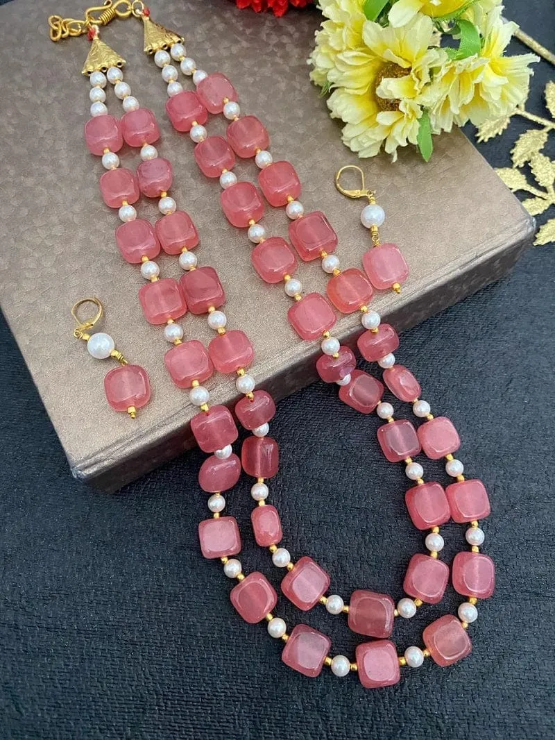 Designer Semi Precious Double Strand Rose Pink Color Jade Beads Necklace Set