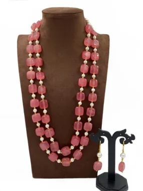 Designer Semi Precious Double Strand Rose Pink Color Jade Beads Necklace Set