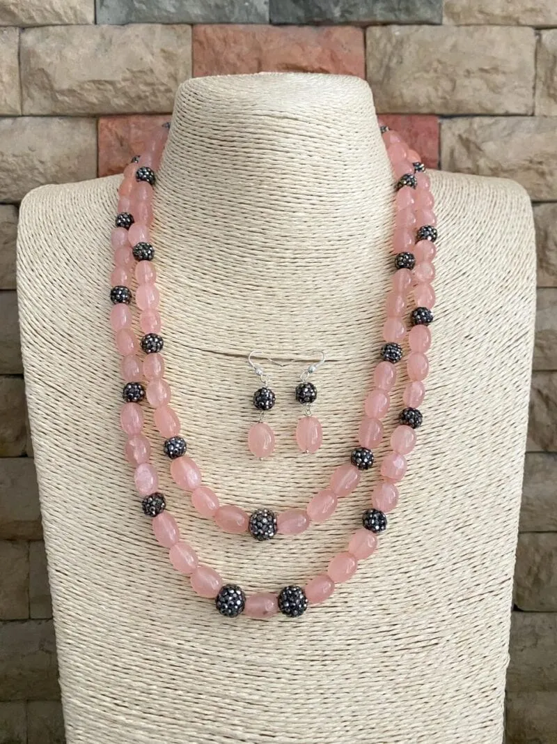 Designer Semi Precious Rose Quartz Double Layered Beads Necklace By Gehna Shop